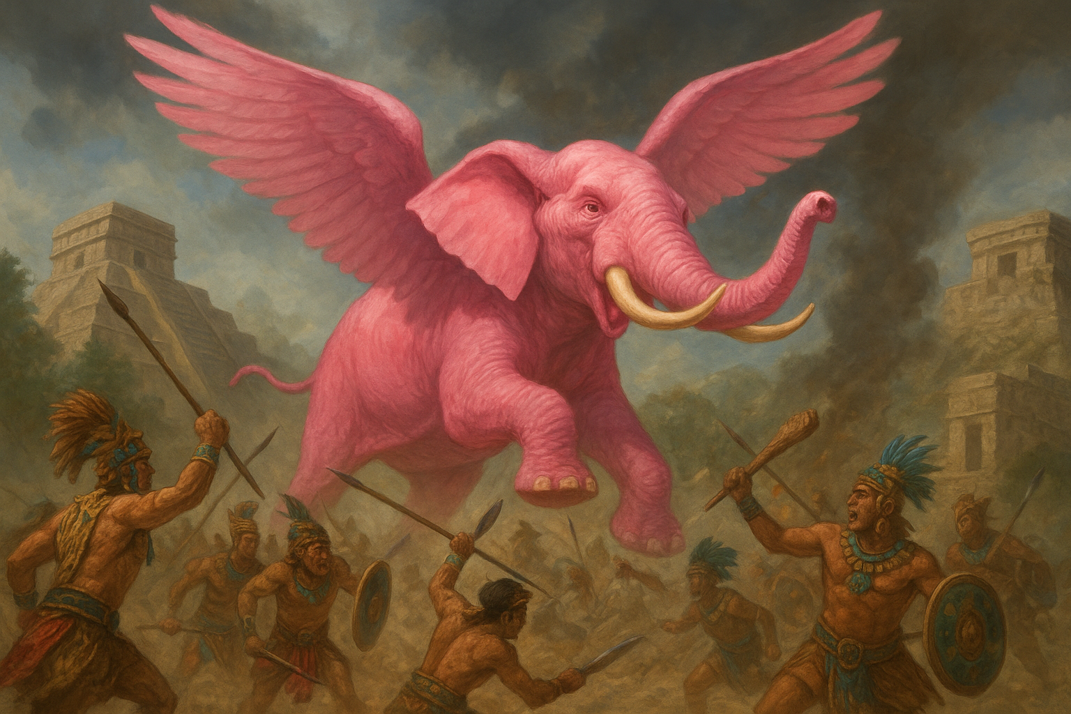 Illustrazione di un elefante rosa volante nella Battaglia legendaria di Xibalbá